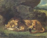 Lion Devouring a Rabbit (mk05) Eugene Delacroix